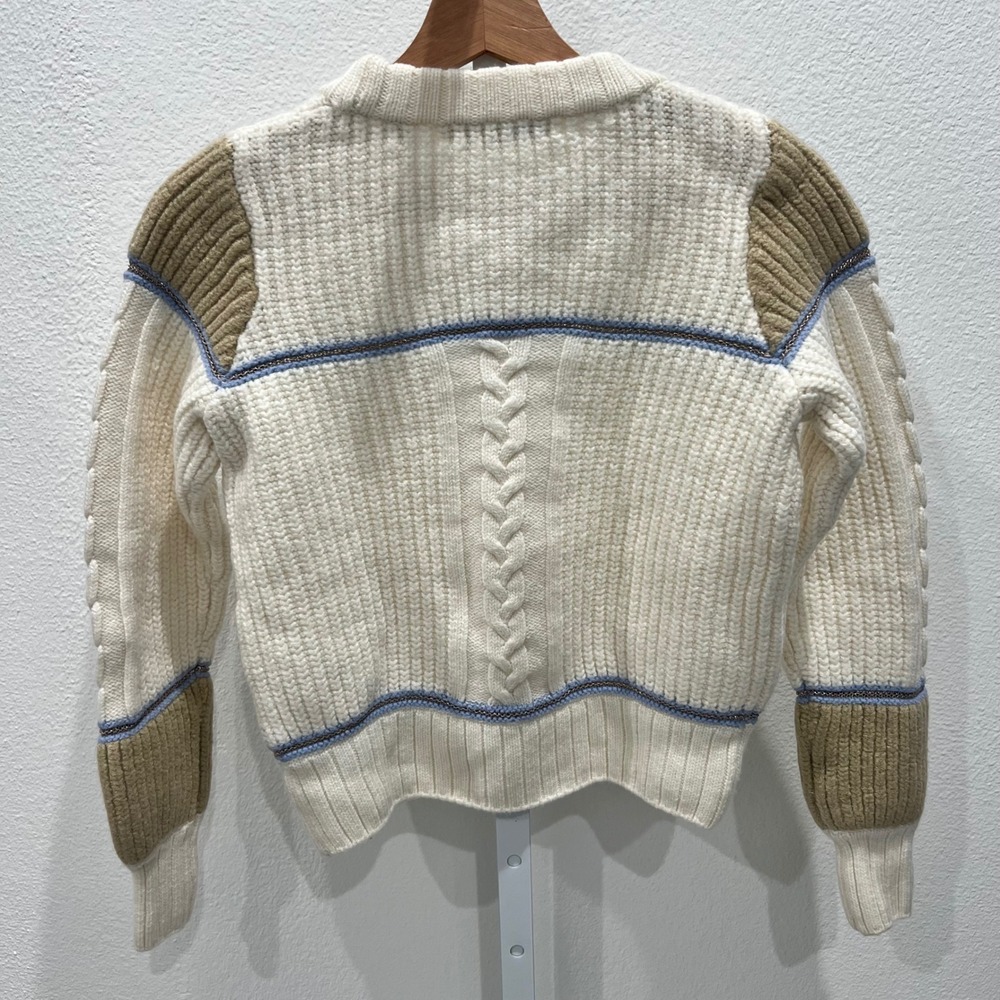 Joie Ivor Colorblock Chunky Cable Knit Wool Sweater Womens XS Cream Old Money - Picture 4 of 15
